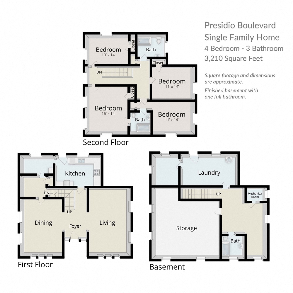 Floor plan for 4 beds, 3 baths, 3210 sqft